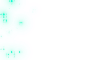 Abstract futuristic fluid shape with topographic layers in vibrant teal and blue, featuring binary code data patterns. Isolated graphic design element on a transparent background. Copy space.