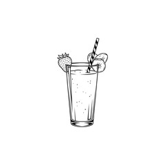 Elegant hand-drawn sketch of a refreshing cocktail or smoothie, served in a tall glass with a straw and fruit garnishes. This black and white illustration captures a sophisticated beverage, perfect fo