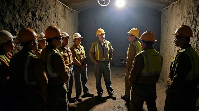 Safety representative leads safety talk for miners in dark underground mine. Group listens attentively. Hard hats visible. Industrial setting. Safety briefing. Underground work environment.