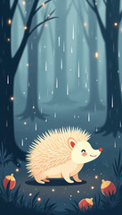 Cute Hedgehog in Enchanting Forest During Gentle Rain with Glowing Atmosphere