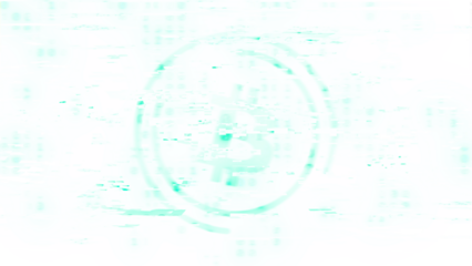 Glitch bitcoin background with vibrant blue, cyan, and green colors. Digital distortion and data corruption effect creating a dynamic, chaotic texture. Modern design element transparent background.
