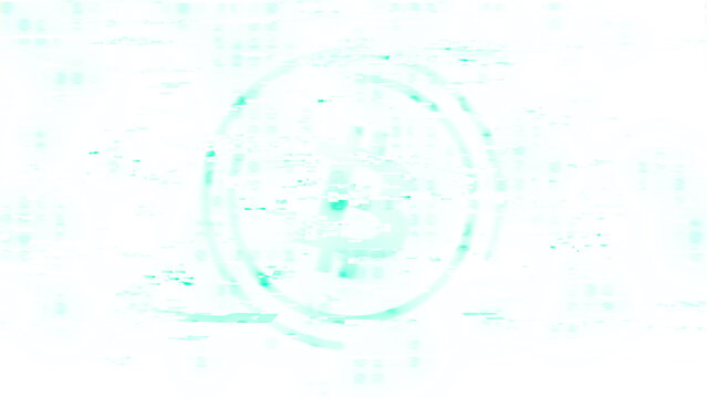 Glitch bitcoin background with vibrant blue, cyan, and green colors. Digital distortion and data corruption effect creating a dynamic, chaotic texture. Modern design element transparent background.