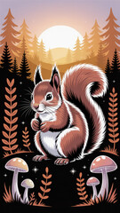 Colorful Squirrel Illustration in Forest With Mushrooms and Glowing Details