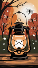 Rustic Lantern on Wooden Table at Twilight with Glow and Fireflies