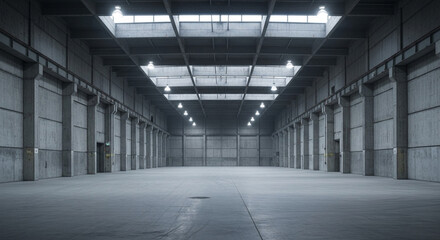 Empty industrial warehouse interior with concrete pillars and bright overhead lights, open space available
