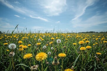 Obraz premium Vibrant yellow dandelions blooming in a lush green field under clear sunshine