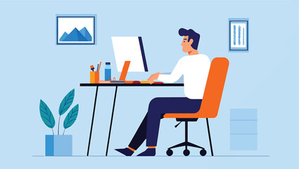Productive Professional Working at Desk with Computer in Modern Office Space – Vector Illustration of Remote Work and Study Environment