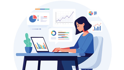 Woman working on laptop with data analytics charts and graphs on screen