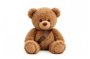 Brown teddy bear secured with a seat belt in a car