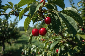 Obraz premium Vibrant red cherries hang from lush green foliage in a thriving orchard, displaying a plentiful harvest.