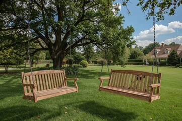 Matching brown wooden garden swings suspended by chains amidst greenery