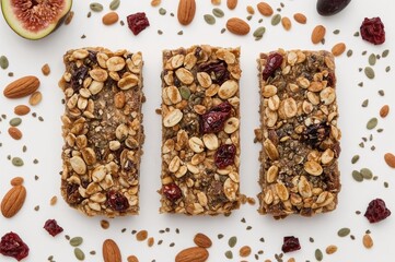 DIY granola energy bars featuring figs, oats, almonds, dried cranberries, chia, and sunflower seeds for a nutritious treat