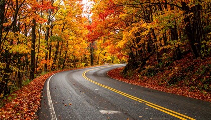 Obraz premium Scenic winding road through vibrant autumn forest with colorful foliage