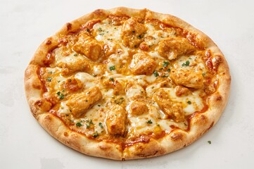 Chicken curry pizza prepared at home with cheese, perfect for lunch or dinner