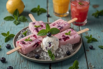 Blueberry frozen treats with fresh mint on a rustic teal surface, vintage aesthetic.