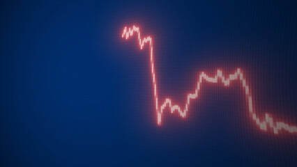 Stock market crash graphic with a red glowing line on a blue digital grid screen. Concept of financial crisis, economic recession, investment loss, and business downturn. Bear market chart. Copy space