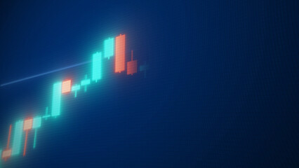 Stock market candlestick chart graphic showing financial trading data. Digital illustration of investment analysis and economic trends on a blue tech background with copy space for business concepts.