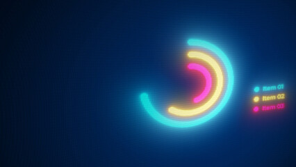 Futuristic digital interface with a glowing neon radial bar chart. Infographic graphics for data visualization, business analysis, and statistics on a blue pixelated screen with copy space.