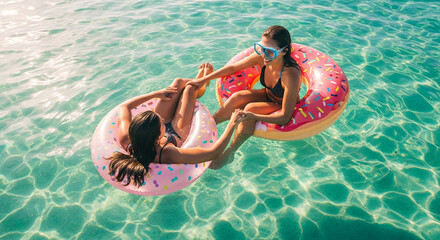 Two women float on donut-shaped inflatable rings in clear turquoise water, holding hands, showcasing summer fun and friendship