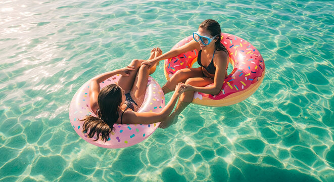 Two women float on donut-shaped inflatable rings in clear turquoise water, holding hands, showcasing summer fun and friendship
