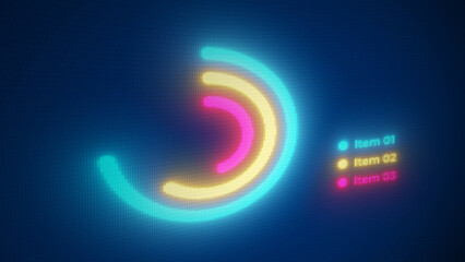 Futuristic glowing neon donut chart graphics on digital pixel screen. Business data visualization for financial reports, analytics dashboard, and tech presentation. Abstract concept graphics.
