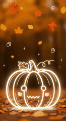 Glowing Neon Pumpkin With Falling Leaves in a Festive Autumn Setting