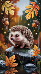 Cute Hedgehog on a Rock in an Enchanted Autumn Forest Scene