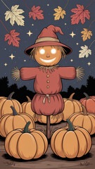 Illustrated Glowing Scarecrow Amid Pumpkins and Falling Leaves at Night