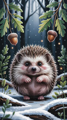 Adorable Hedgehog in a Winter Forest Scene with Glowing Elements