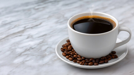 Aromatic Brew: A steaming cup of rich, dark coffee sits elegantly beside a saucer adorned with roasted beans, exuding warmth and inviting the viewer to indulge in the simple pleasure.