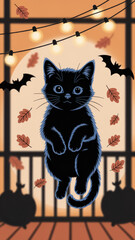 Whimsical Black Cat Enhanced with Blue Lines in a Festive Autumn Setting