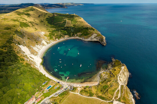Aerial view of the famous circular Lulworth Cove on the Jurassic Coast in Dorset