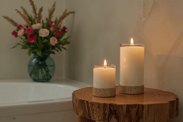Close-up of candle holders with lit candles on a wooden rack in a bathroom