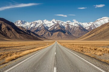 Fototapeta premium Gravel Path Cutting Through a Dry Yellow Winter Landscape with Snow-Capped Mountains in the Distance