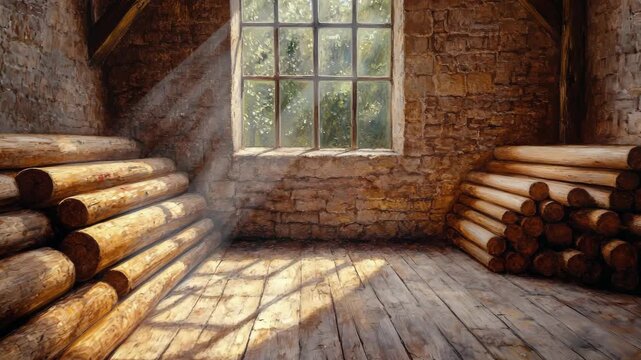 Sunlight streams through a window in a rustic barn creating a cozy painterly style video background.