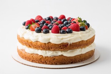 Cream and Fruit Topped Homemade Cake on White Background