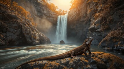 Waterfall Landscape, majestic waterfall cascading over rocky cliffs into a clear pool, surrounded by lush green forest and mist, serene and powerful natural scene.