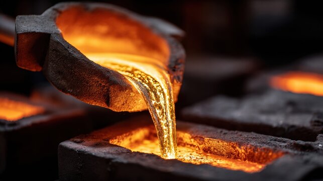 A close-up shot captures molten gold pouring into a mold during the casting process.