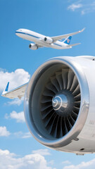 Close-up jet engine with airplane in blurred sky background