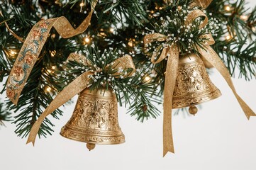 Festive bells adorned with ribbons and greenery on a white backdrop