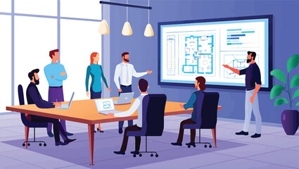 Team Collaboration and Architectural Planning A Vector Illustration of a Meeting