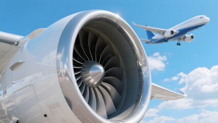 Close-up jet engine with airplane in blurred sky background