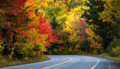 Fototapeta premium Winding Road Through Vibrant Autumn Forest with Red and Yellow Foliage