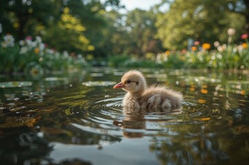 Young bird drifting on the surface of water