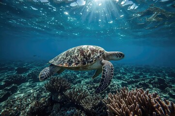 Fototapeta premium Large Green Sea Turtle Among Coral Reefs