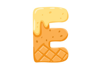 Playful cartoon letter E styled like a waffle with syrup dripping on top, perfect for food-themed or educational content for kids.