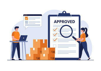 Shipping and approval process with boxes and a checklist for quality control and compliance