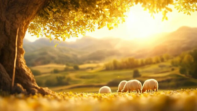 A biblical landscape with sheep grazing under a tree a serene symbol of faith and peace.