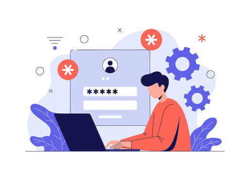 Man accessing online account with laptop, secure login and data protection concept