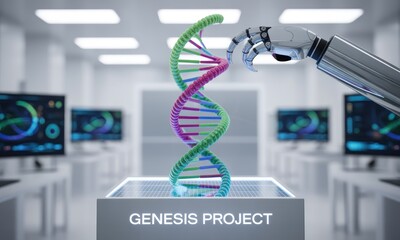 Robotic arm examines DNA helix in futuristic lab setting